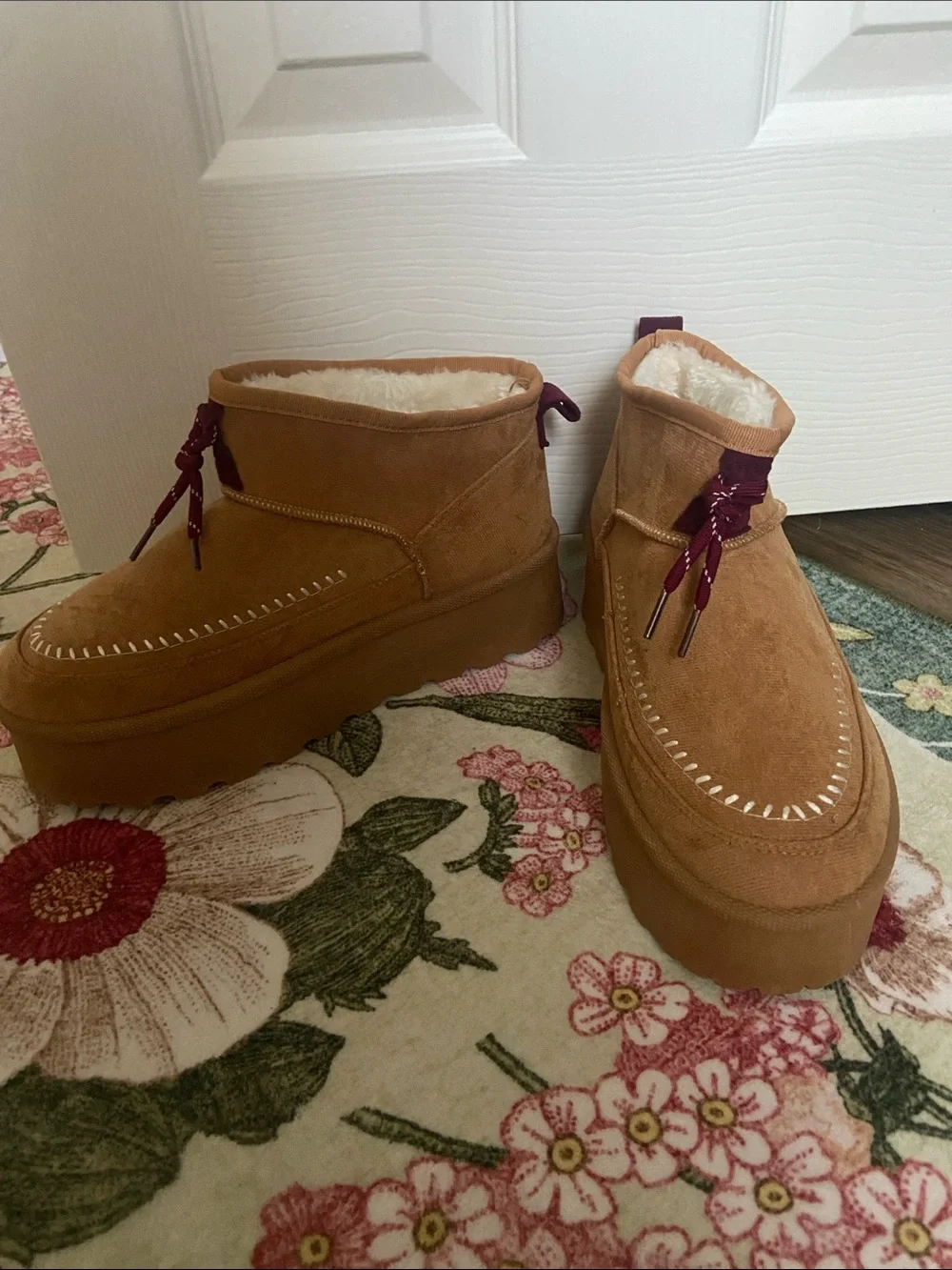 Mudd Tan Suede Platform Ankle Boots with Burgundy Laces